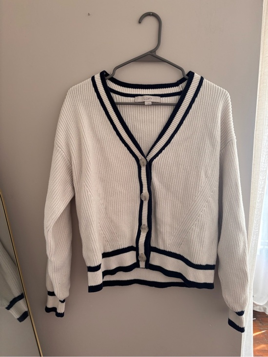 LOFT Sweaters - LOFT | Cotton Knit Cardigan - Cream with‎ Navy Trim